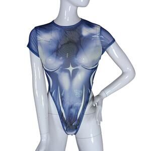 Superhero Bodysuit Mesh See Thru Size Medium Blue Short Sleeves Snap Buttons